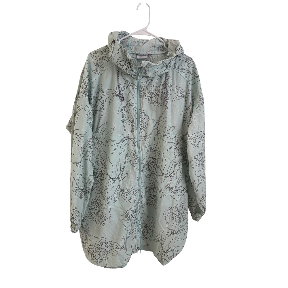 Columbia Floral Windbreaker Jacket Mint Green Full Zip Hooded Womens XL